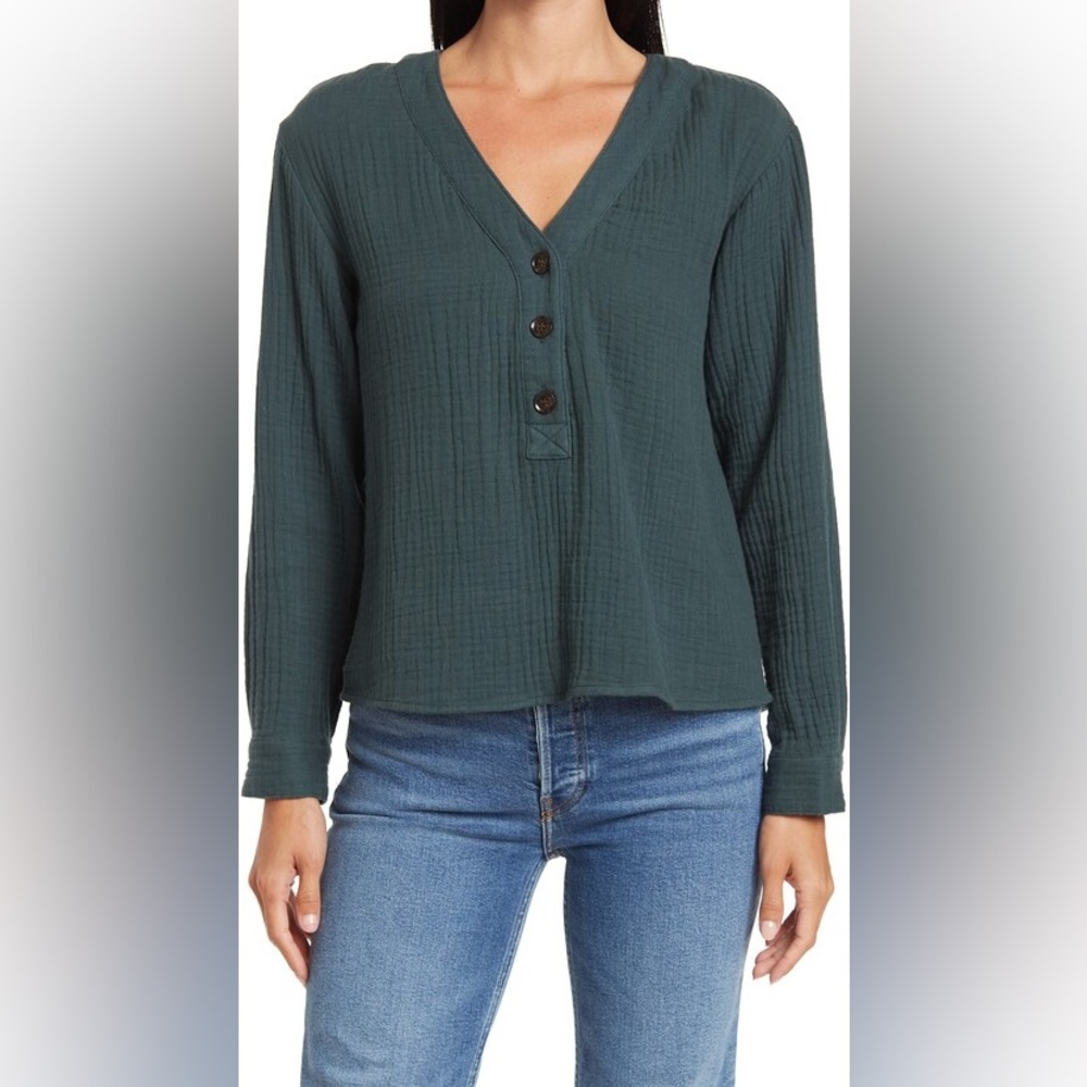 Madewell Forest Green Gauze Henley Blouse